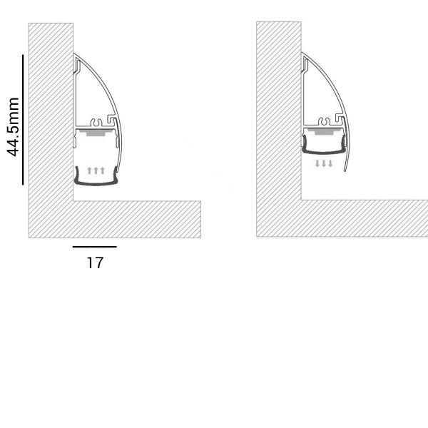 ابعاد لاینر قرنیزی عرض17mm و ارتفاع 44.5mm